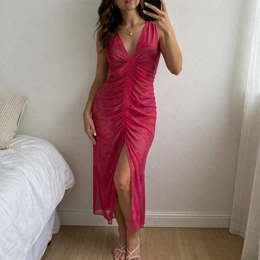 Thakoon Collective Pink Ruched Midi Dress Sleeveless V Neck Size 2